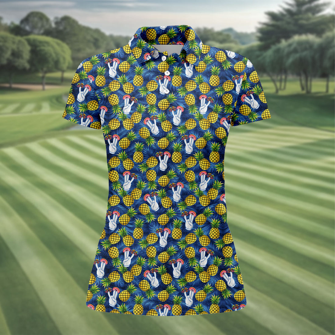 Hawaiian Pineapples Donut Finger Blue Green Yellow Fun Women's Golf Shirts, Women's Golf Tops, Ladies Golf Shirts