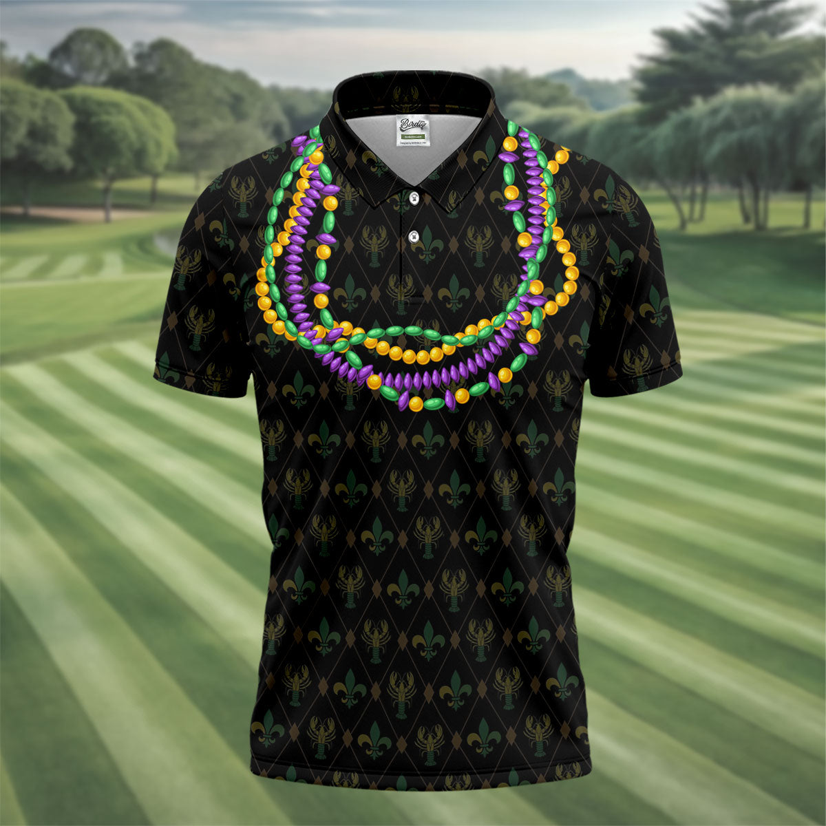Mardi Gras Beads Chain Crawfish Fleur De Lis Black Golf Shirt, Polo ShirtFor Men, Golf Shirts For Men