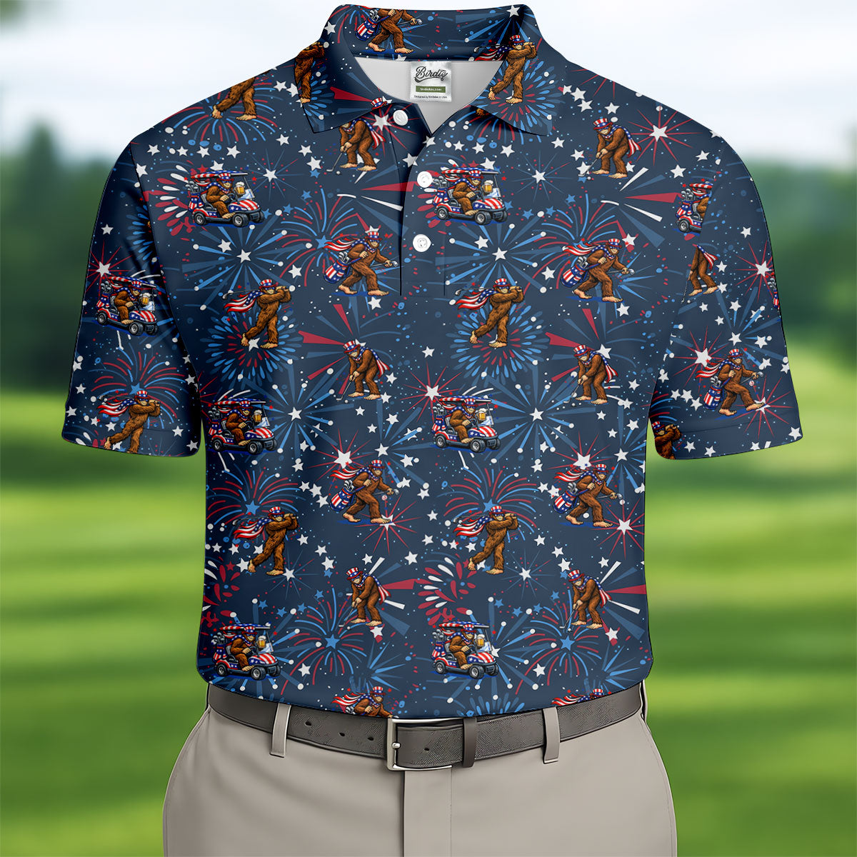 Funny Bigfoot Golf Pose Festive Vibe Navy 4th Of July Golf Shirts For Men, 250th Anniversary Patriotic Golf Shirt