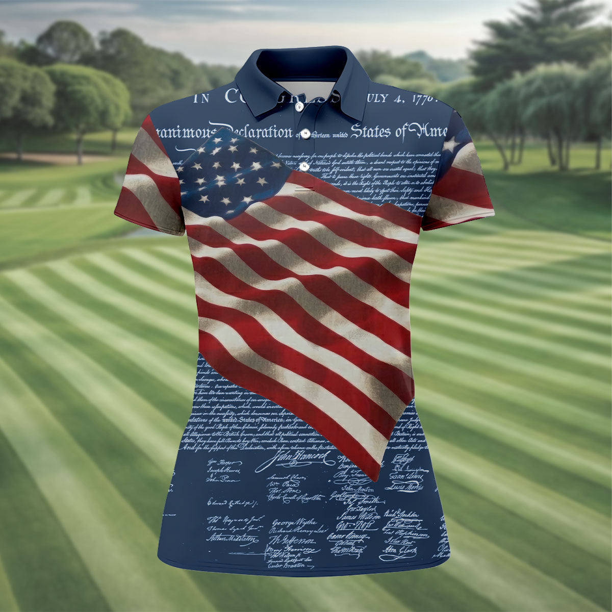 Patriotic American Flag Declaration Of Independence 4th Of July Navy Golf Shirt, 250th Anniversary Ladies Golf Shirts