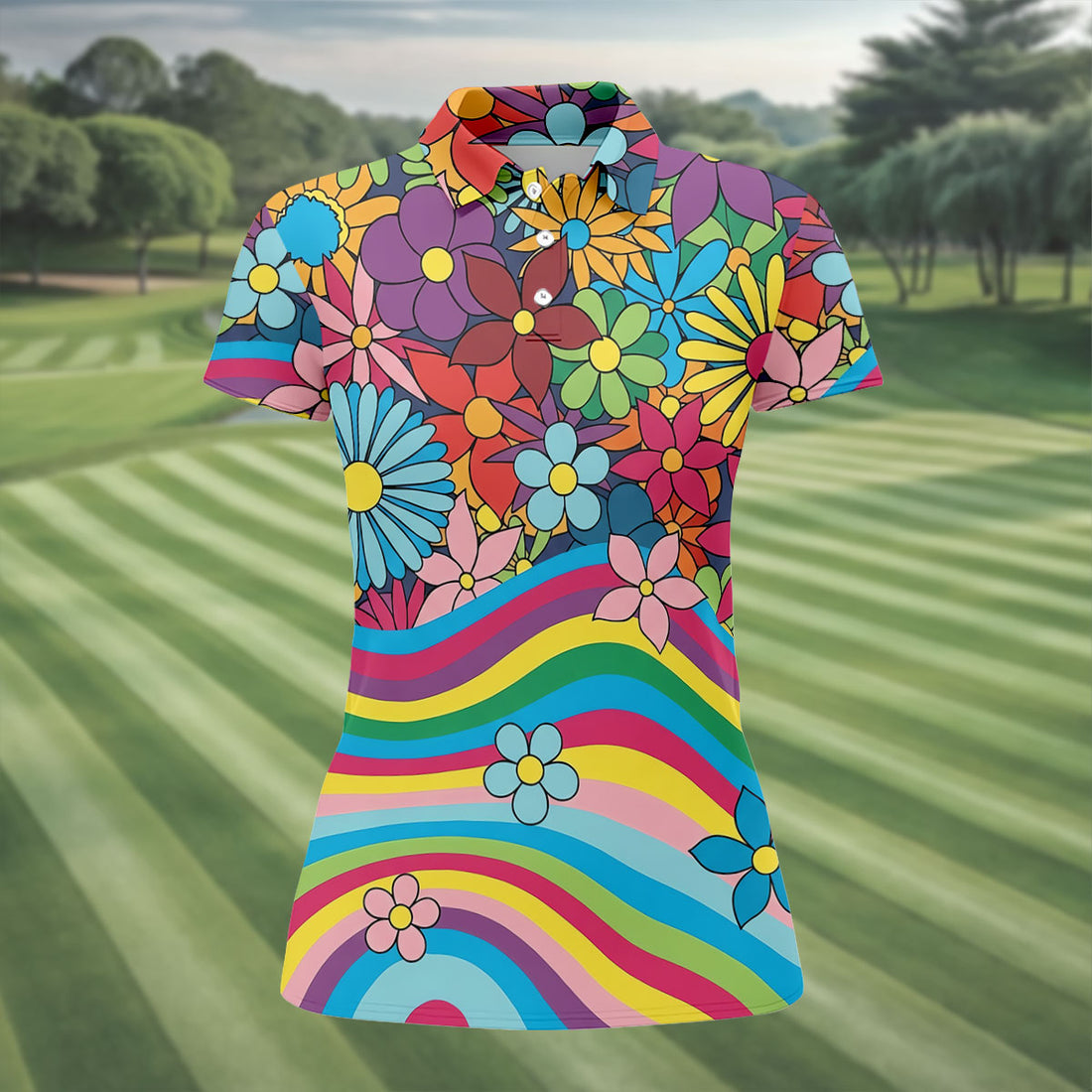 Retro Rainbow Floral Hippie Hawaiian Golf Shirt, Golf Shirts For Women, Women’s Golf Apparel
