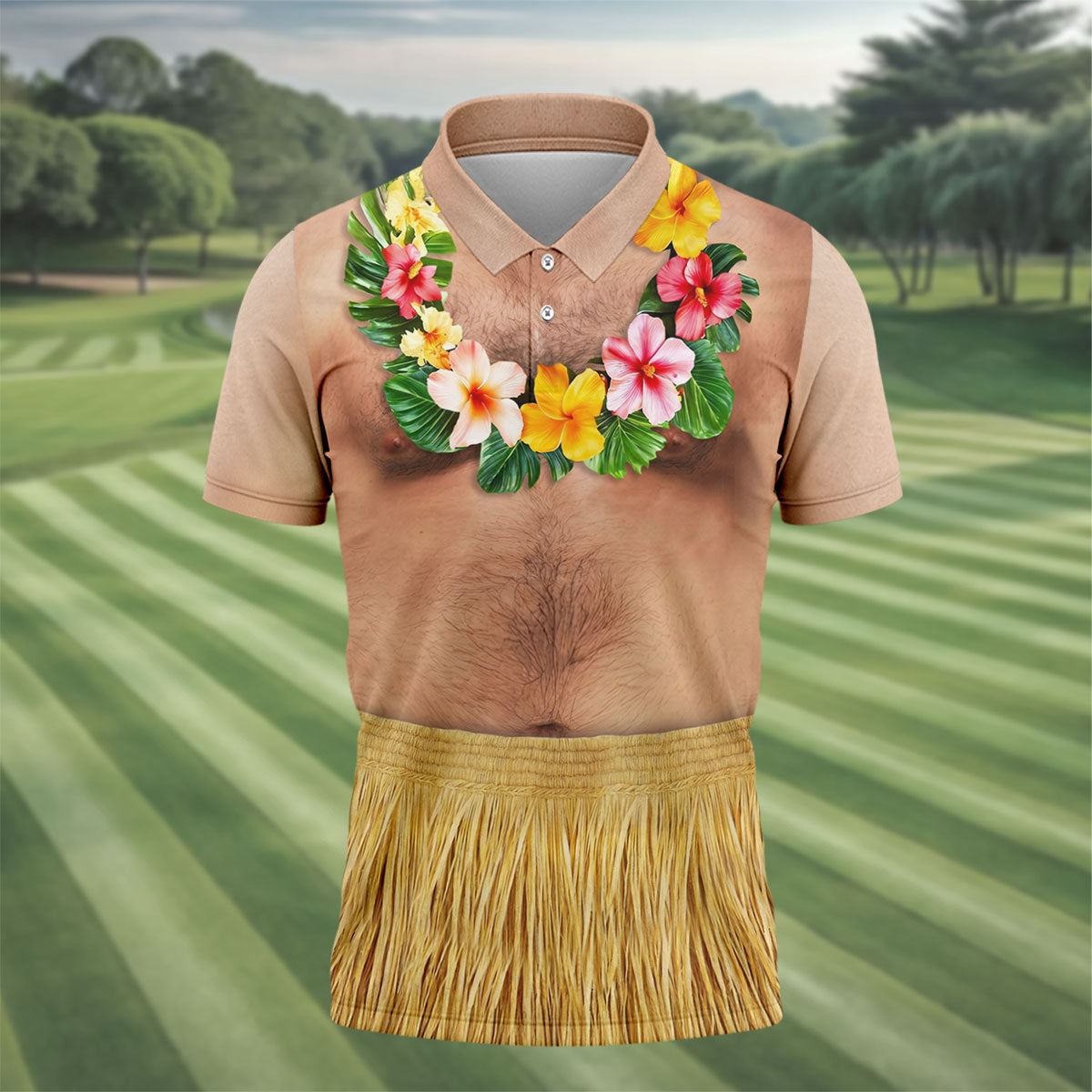 Floral Lei Tropical Theme Party Men's Funny Golf Shirts, Hawaiian Golf Shirt, Polo Shirtor Men