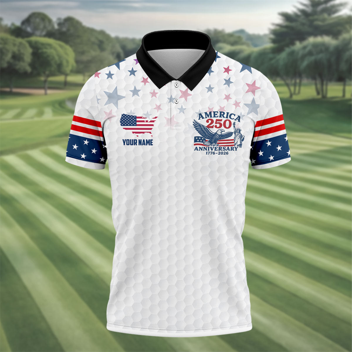 America 250th Anniversary Red White And Blue Stars White Golf Shirt, Patriotic 4th Of July Golf Shirts For Men