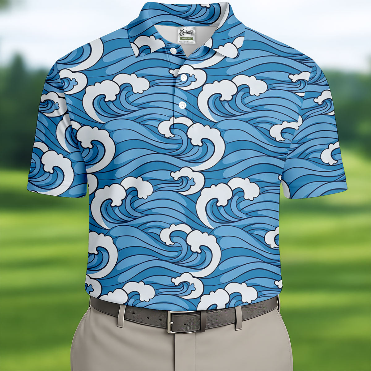 Japanese Wave Golf Shirt, Ocean Wave Pattern Men's Golf Polo, Polo Shirts For Men