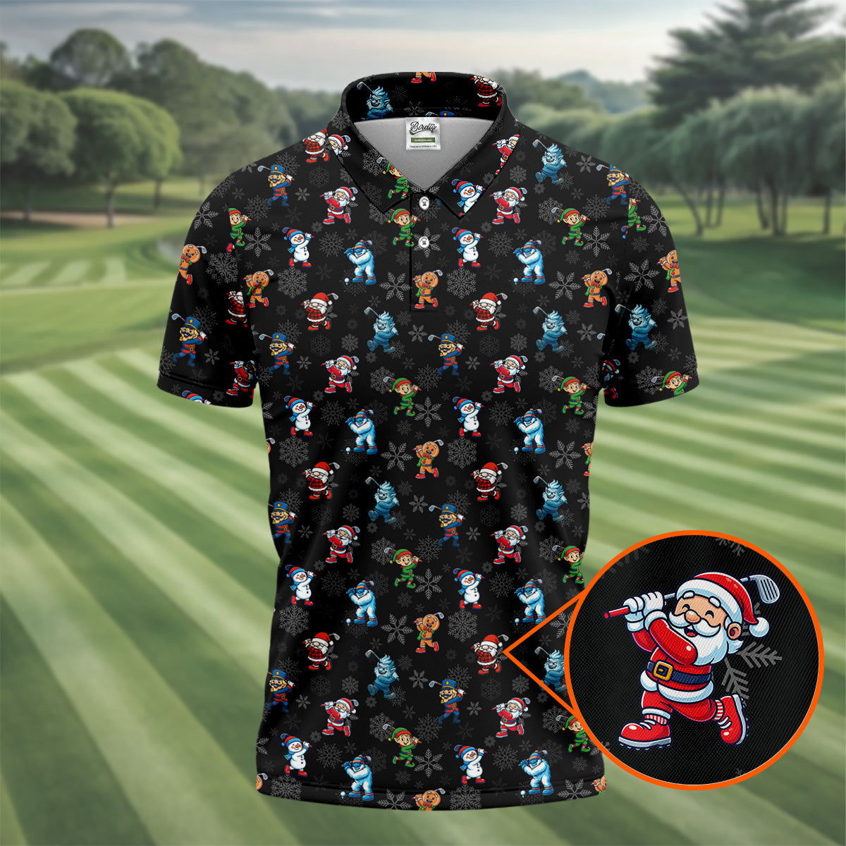 Funny Christmas Characters Golf Pose Black Golf Shirt, Christmas Golf Shirt, Polo ShirtFor Men