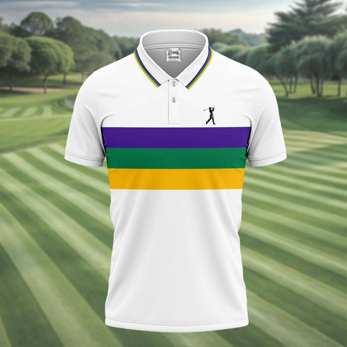Mardi Gras Purple Green Gold Horizontal Stripes White Golf Shirt, Golf Tops For Men, Polo ShirtFor Men