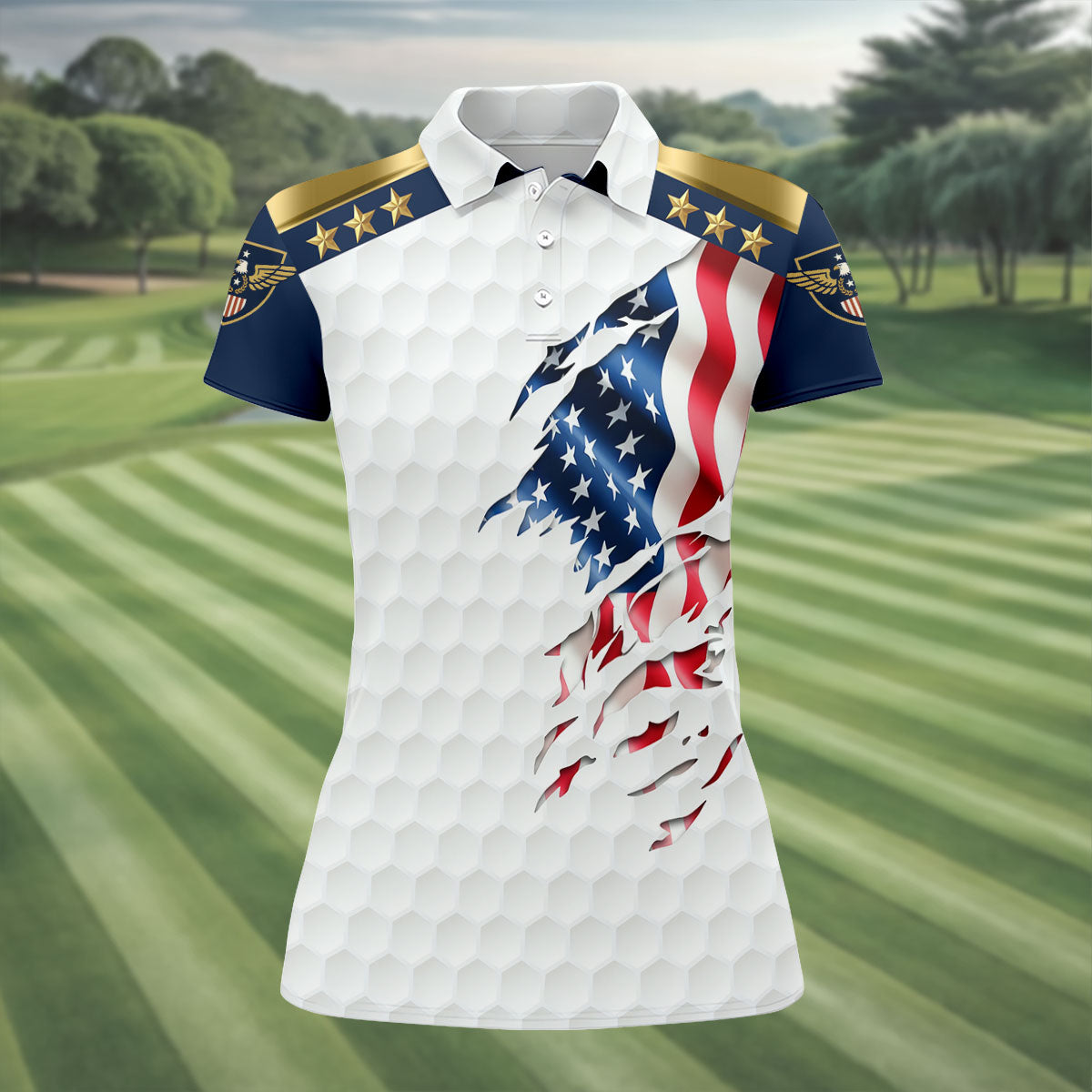 Rugged American Flag With Golf Ball Pattern 4th Of July Women Golf Top, 250th Anniversary Patriotic Golf Shirt