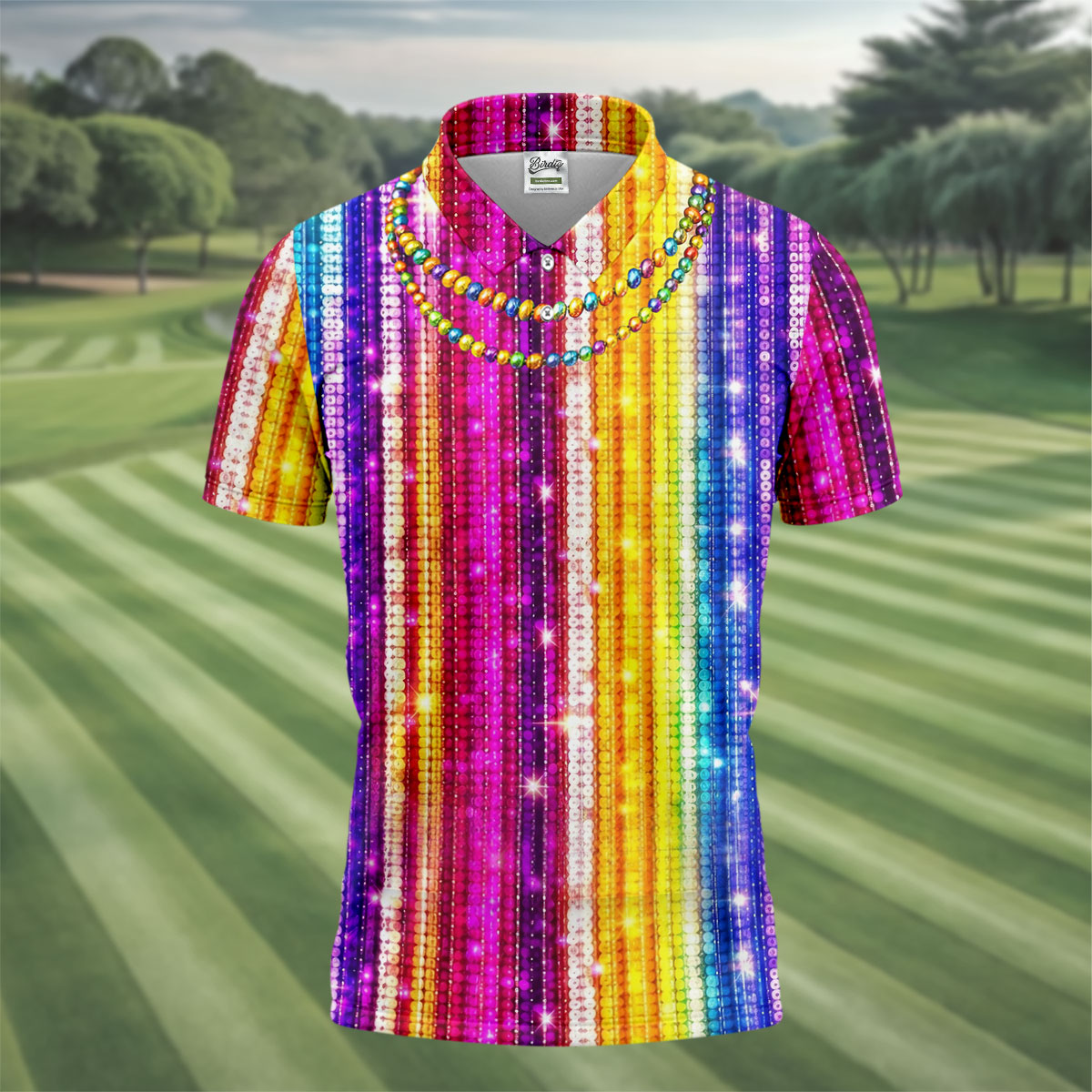 Mardi Gras Sequinned Glitter Print Golf Tops For Men, Polo ShirtFor Men, Golf Shirts For Men