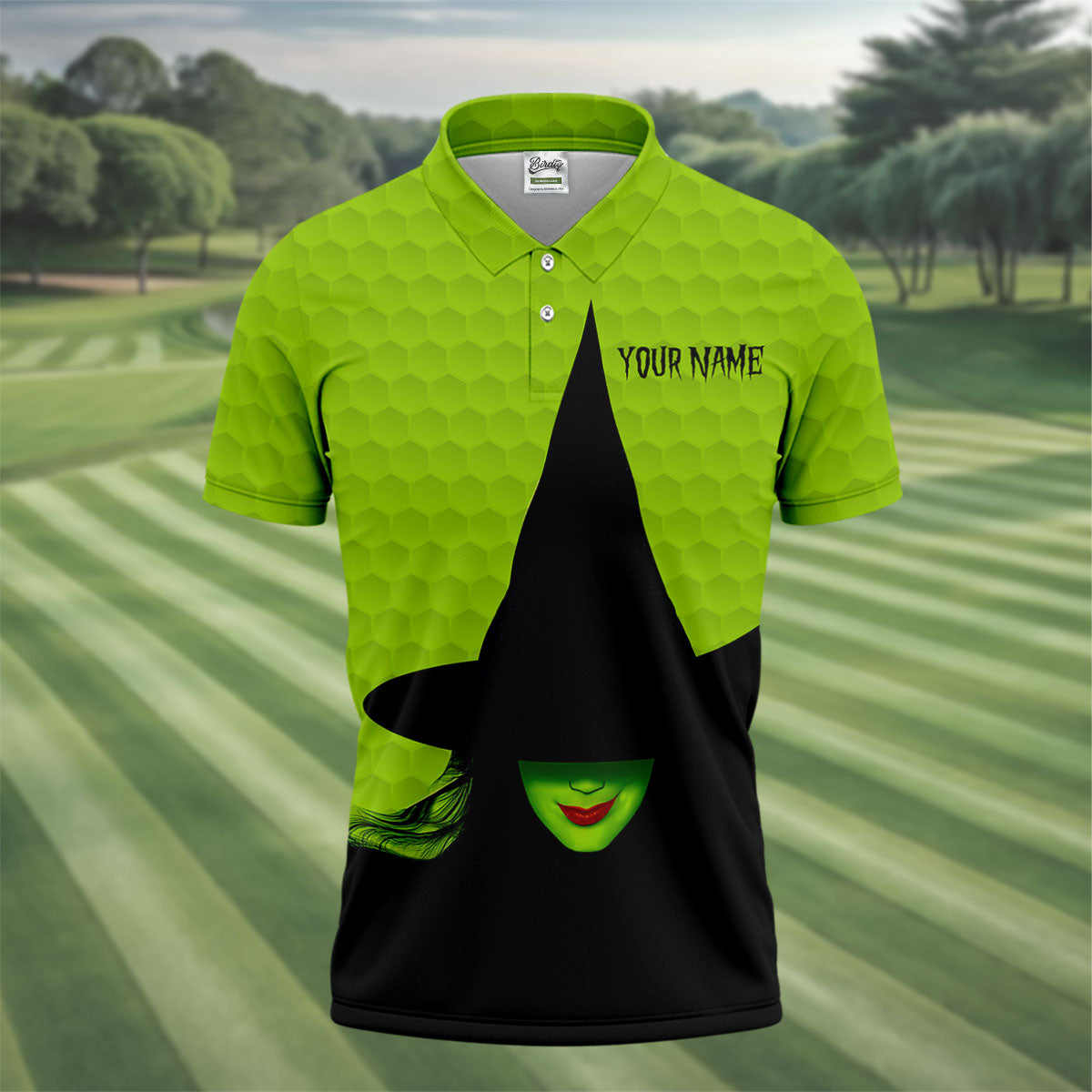 The Green Witch Golf Ball Pattern Golf Tops For Men, Spooky Vibe Men's Funny Golf Shirts, Halloween Golf Shirt