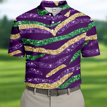 Purple Green Gold Sequin Pattern Purple Golf Shirt, Mardi Gras Golf Shirt, Polo ShirtFor Men
