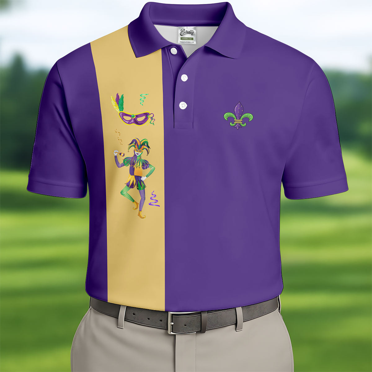Mardi Gras Festival Jester Figure Fleur De Lis Symbol Purple Golf Shirt, Polo ShirtFor Men, Golf Shirts For Men
