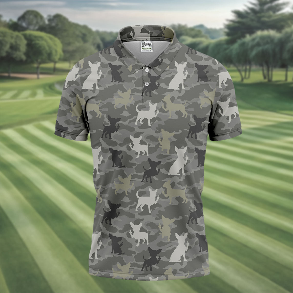 Grey Camo Chihuahua Dog Pattern Golf Shirt, Mens Polo Shirt, Golf Shirts For Men, Performance Golf Shirt