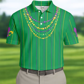 Mardi Gras Beads Necklaces Print Green Golf Shirt, Golf Tops For Men, Polo ShirtFor Men, Golf Shirts For Men