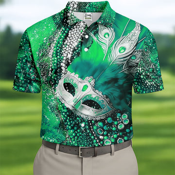 Mardi Gras Masquerade Mask Feather Beads Green Golf Shirt, Polo ShirtFor Men, Golf Shirts For Men