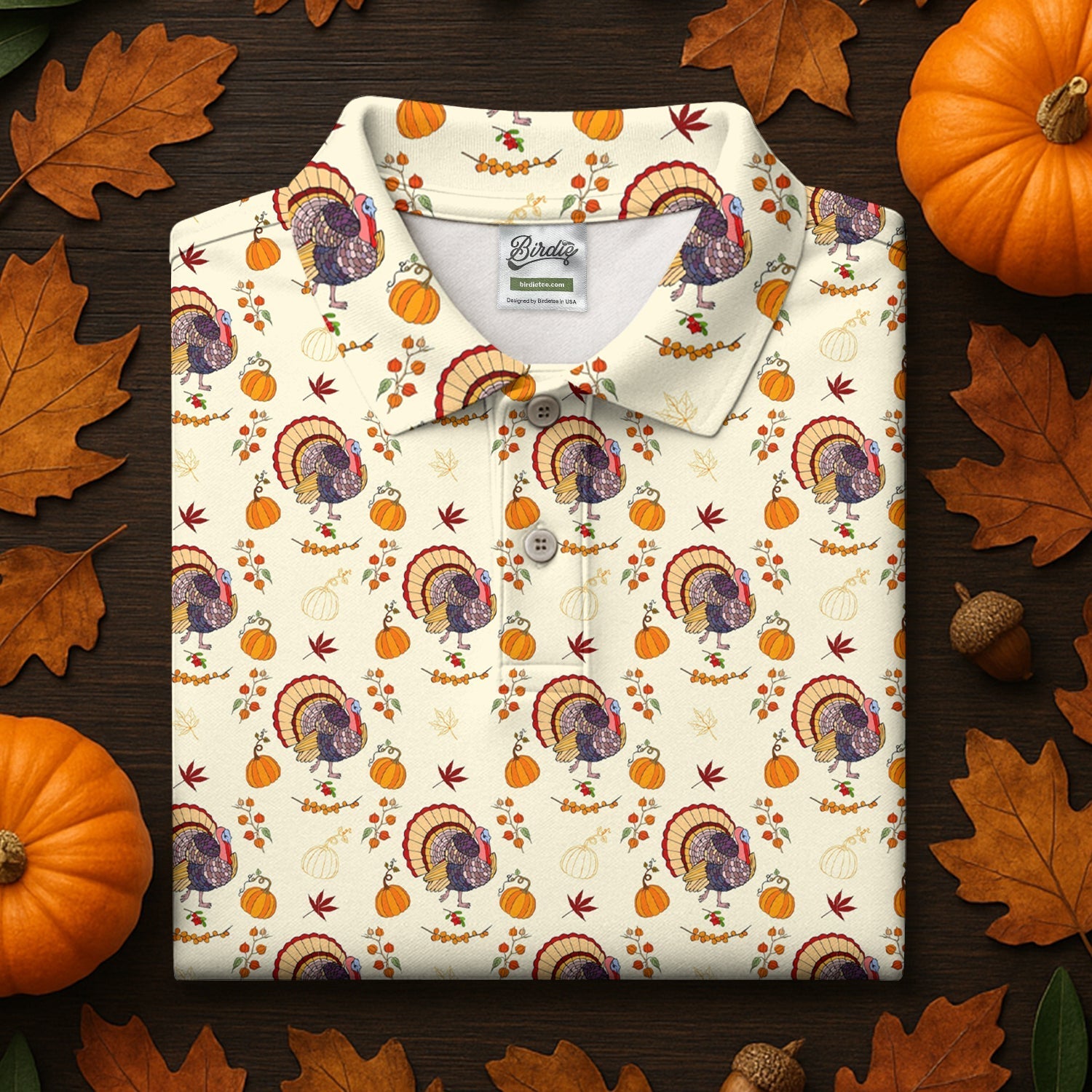 Turkey Pumpkin Thanksgiving Holiday Beige Golf Tops For Men, Polo ShirtFor Men, Golf Gift For Men, Golfing Apparel