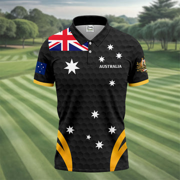 Australia Flag Print Golf Ball Pattern Black Golf Shirt, Australian Symbol Polo ShirtFor Men
