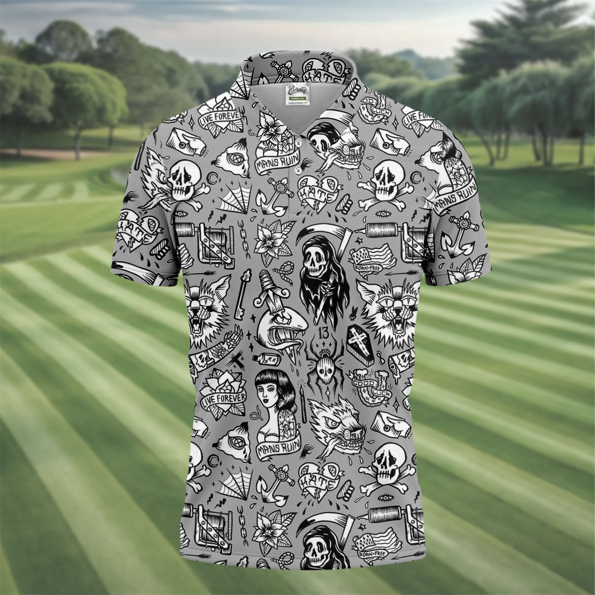 Mans Ruin Horror Theme Hawaiian Golf Shirt, Halloween Vibe Men's Golf Shirt, Polo ShirtFor Men
