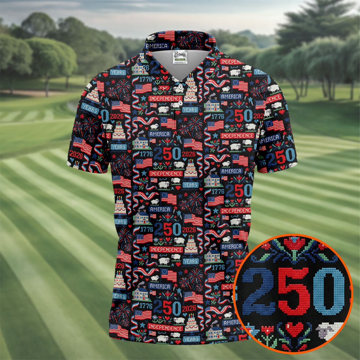 America Independence 250 Years Black Golf Shirt, Patriotic 4th Of July Golf Shirts For Men