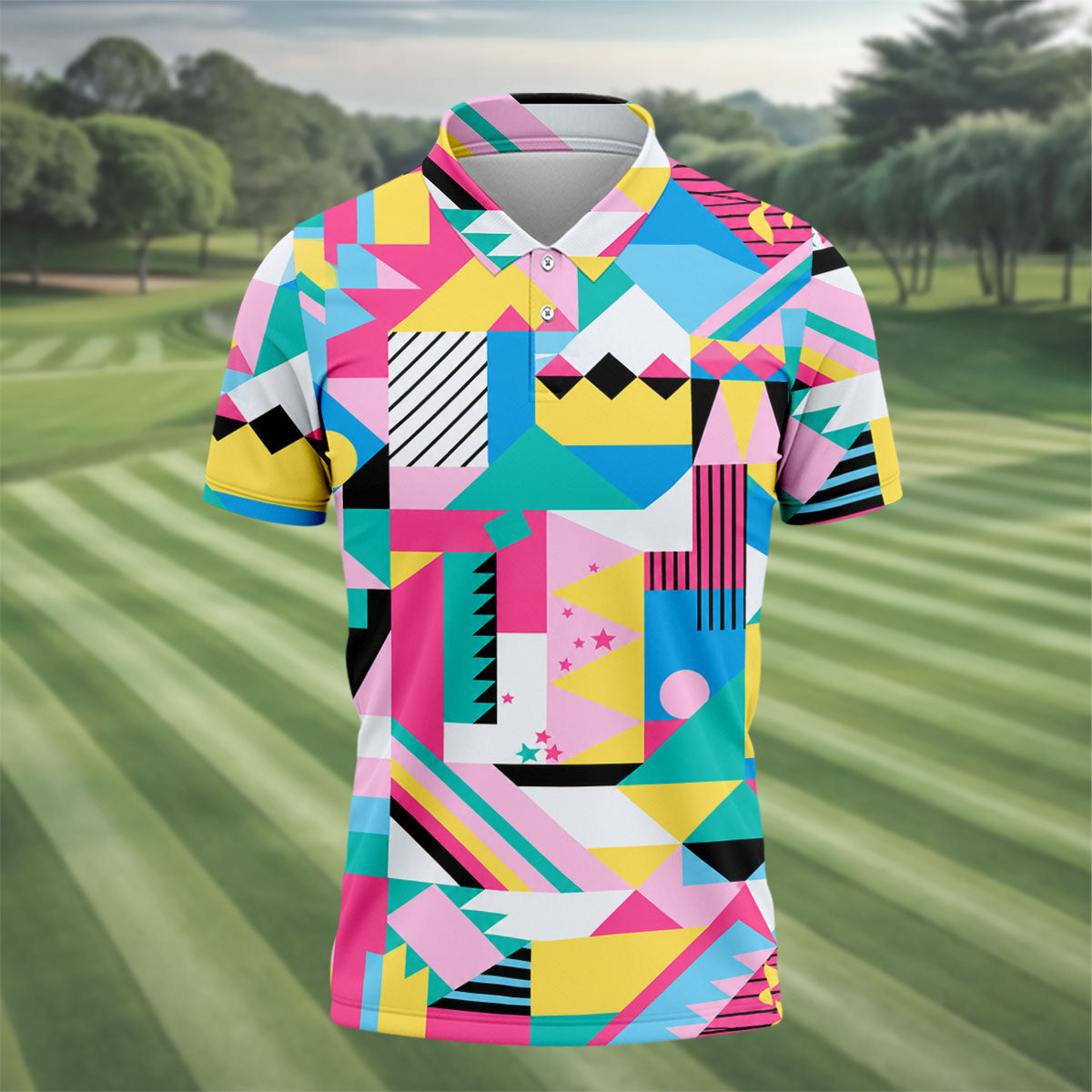 Memphis Pattern Golf Shirt, Retro 80s Geometric Color Block Design, Golf Shirt For Men