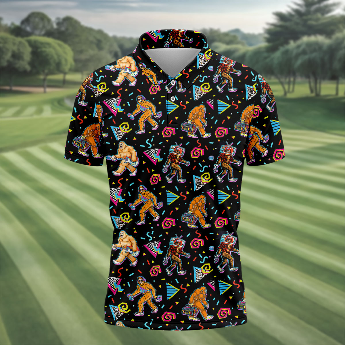 Retro Bigfoot Boombox Pattern Golf Shirt, Men's Golf Shirt, Mens Polo Shirts, Printed Golf Shirts