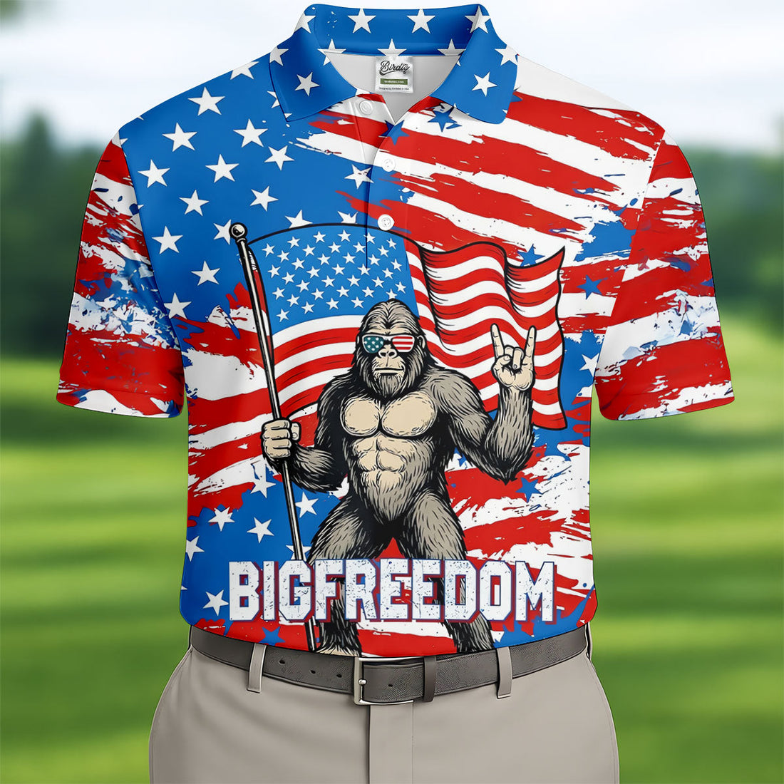 Bigfreedom Red White Blue Patriotic Bigfoot 4th Of July Golf Shirt, 250 Years Golf Shirts For Men