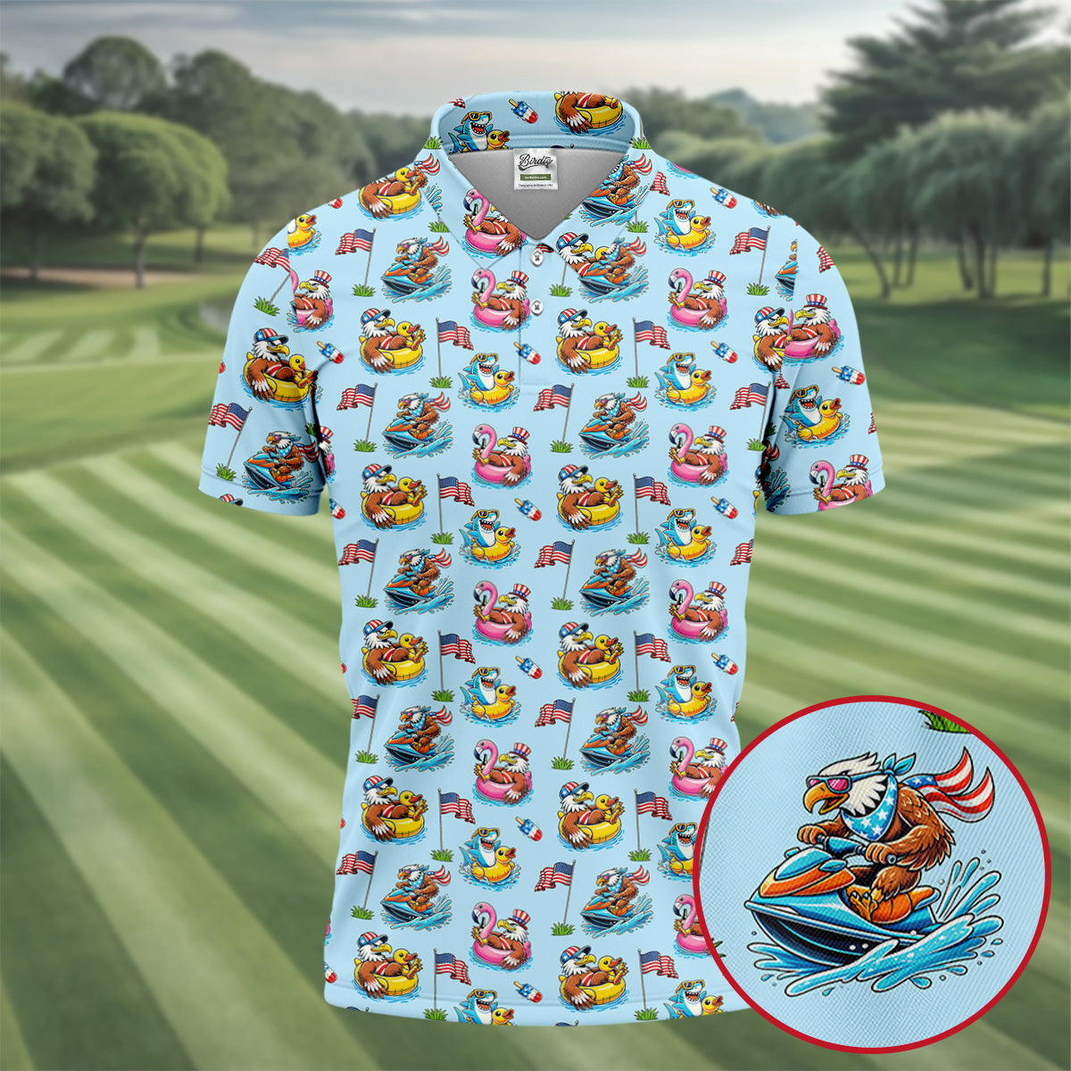 Eagle Shark Summer Theme Patriotic Party 4th Of July Golf Shirt, 250th Anniversary Golf Shirts For Men