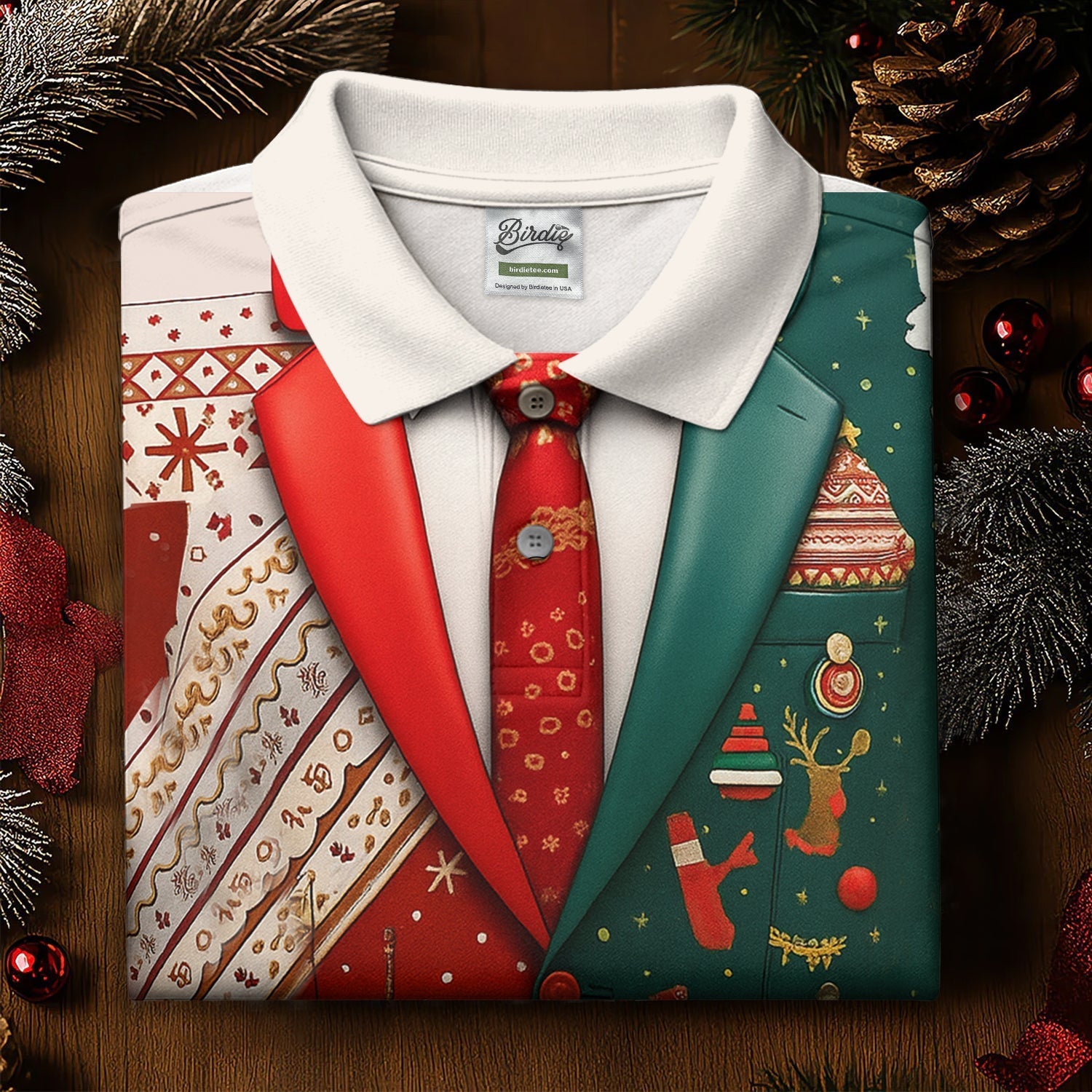 Red And Green Xmas Vintage Prints Men's Golf Polo Shirttmas Golf Shirt, Golf Gift For Men