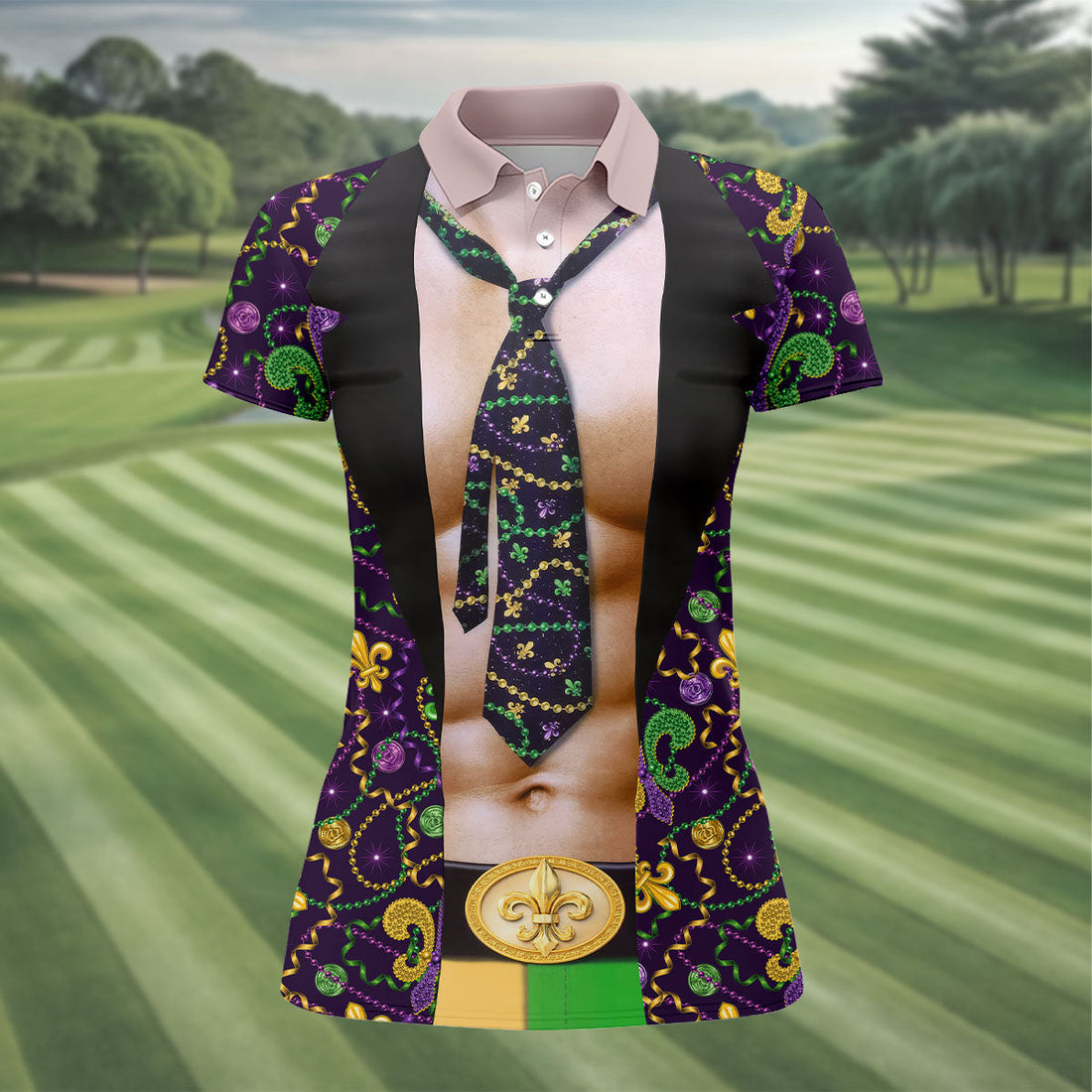 Mardi Gras Purple Green Gold Fleur De Lis Funny Costume Women's Golf Tops, Fun Women's Golf Shirts