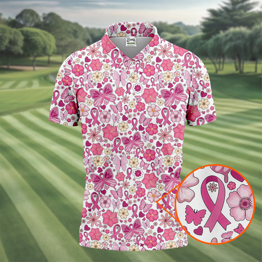 Breast Cancer Pink Ribbon Floral Golf Shirt, Cancer Awareness Shirt, Polo Shirtor Men, Golfing Apparel
