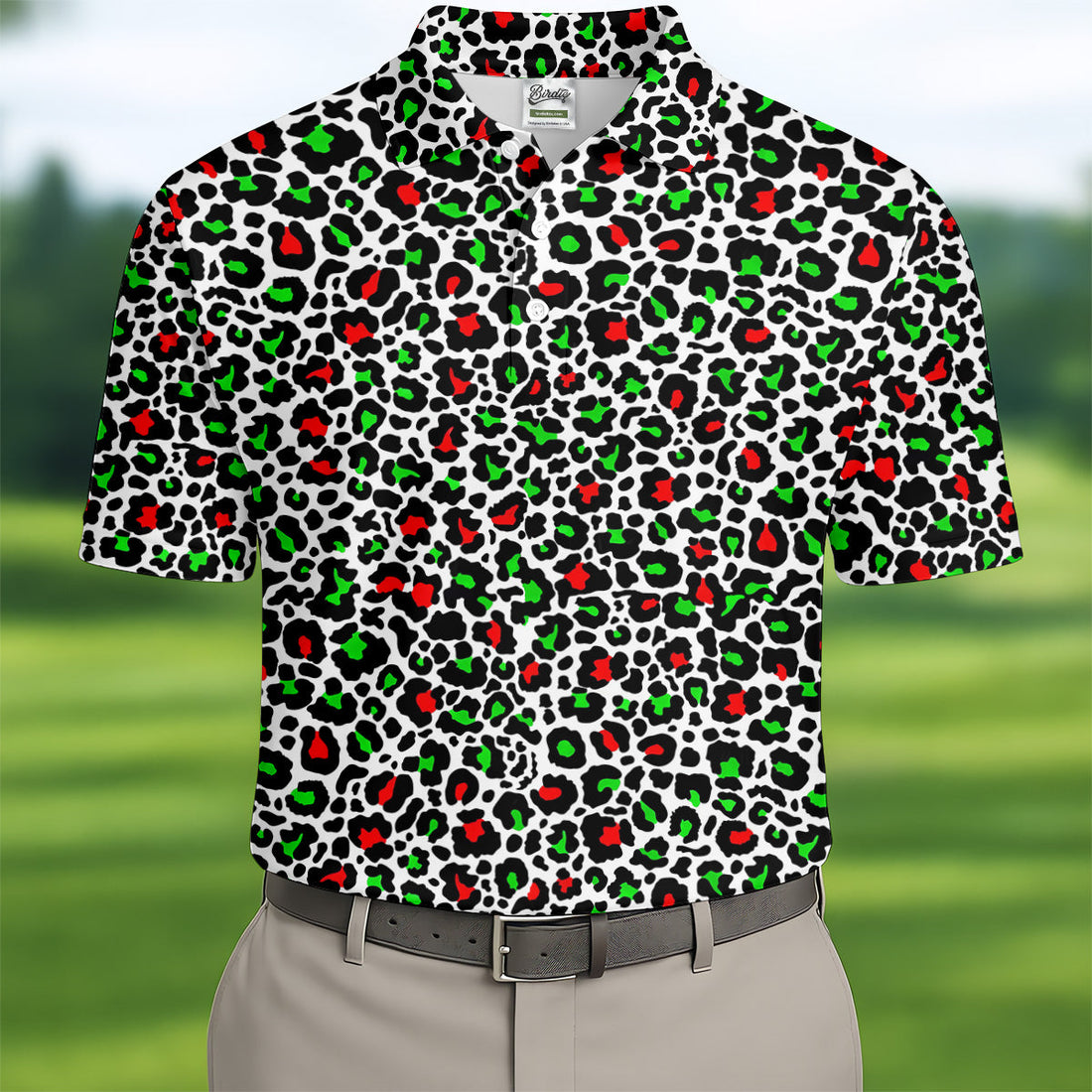 Leopard Pattern Xmas Pine Tree Green And Red Golf Tops For Men, Christmas Golf Shirt, Polo Shirt Men
