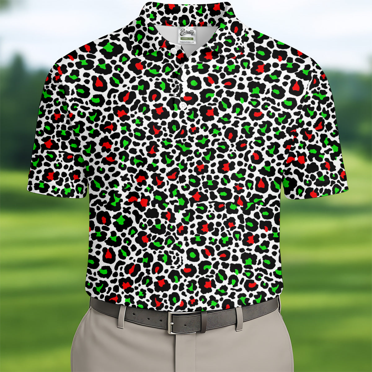Leopard Pattern Xmas Pine Tree Green And Red Golf Tops For Men, Christmas Golf Shirt, Polo Shirt Men