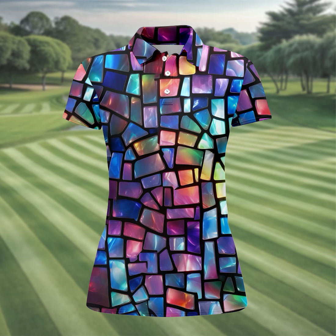 Colorful Stained Glass Mosaic Pattern Golf Shirt, Ladies Golf Shirts, Women’s Golf Apparel, Performance Golf Shirt