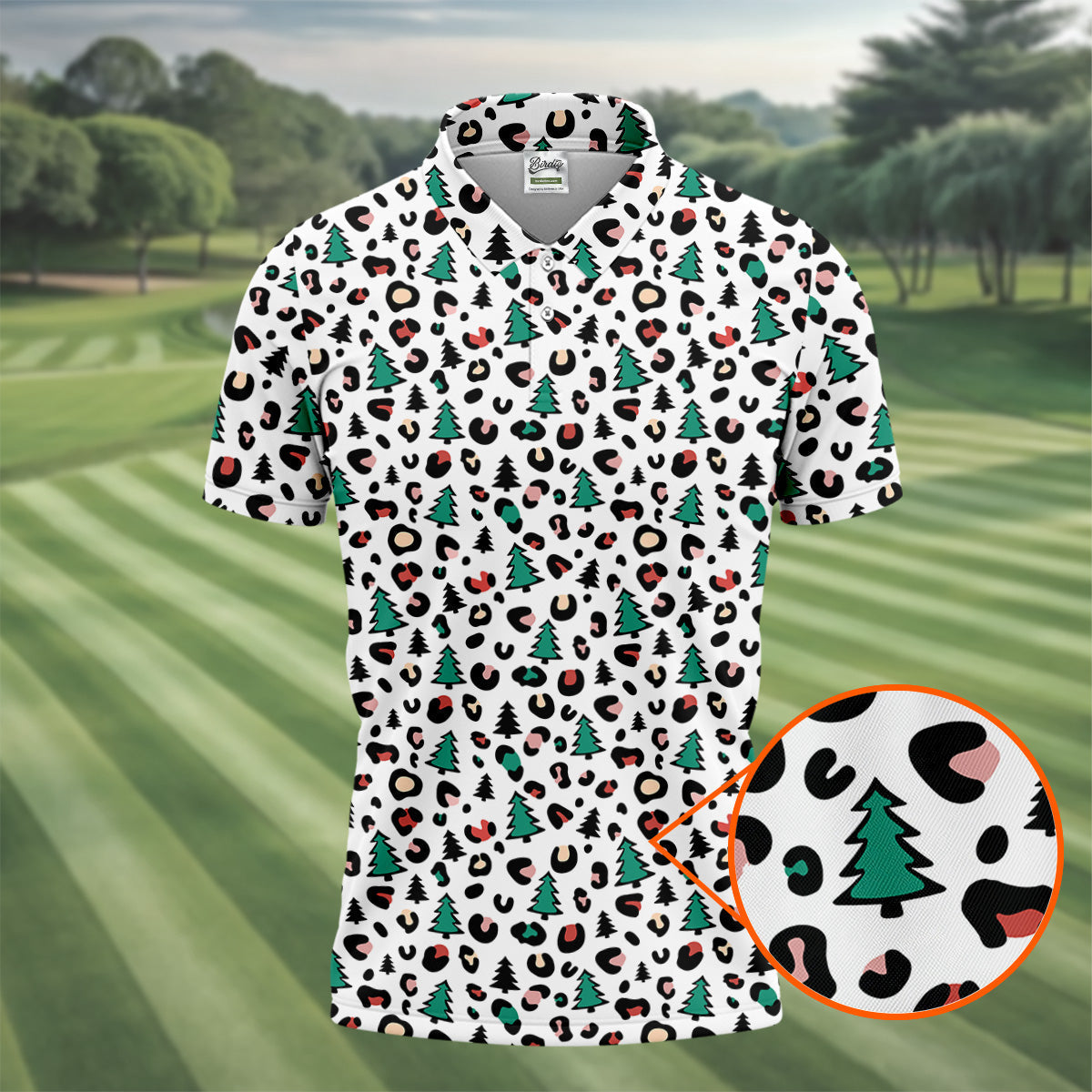 Leopard Pattern Xmas Pine Tree Golf Tops For Men, Christmas Golf Shirt, Cute Golf Outfit, Polo ShirtFor Men