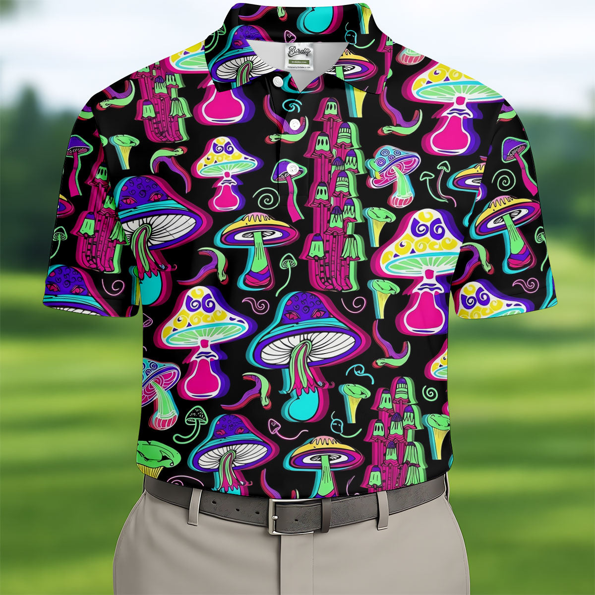 Black Neon Mushroom Pattern Golf Shirt, Mens Golf Polo, Golf Apparel For Men, Printed Golf Shirts
