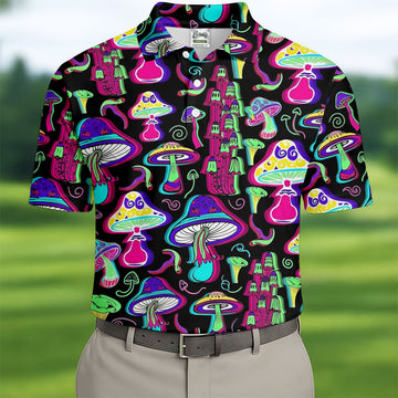 Black Neon Mushroom Pattern Golf Shirt, Mens Golf Polo, Golf Apparel For Men, Printed Golf Shirts