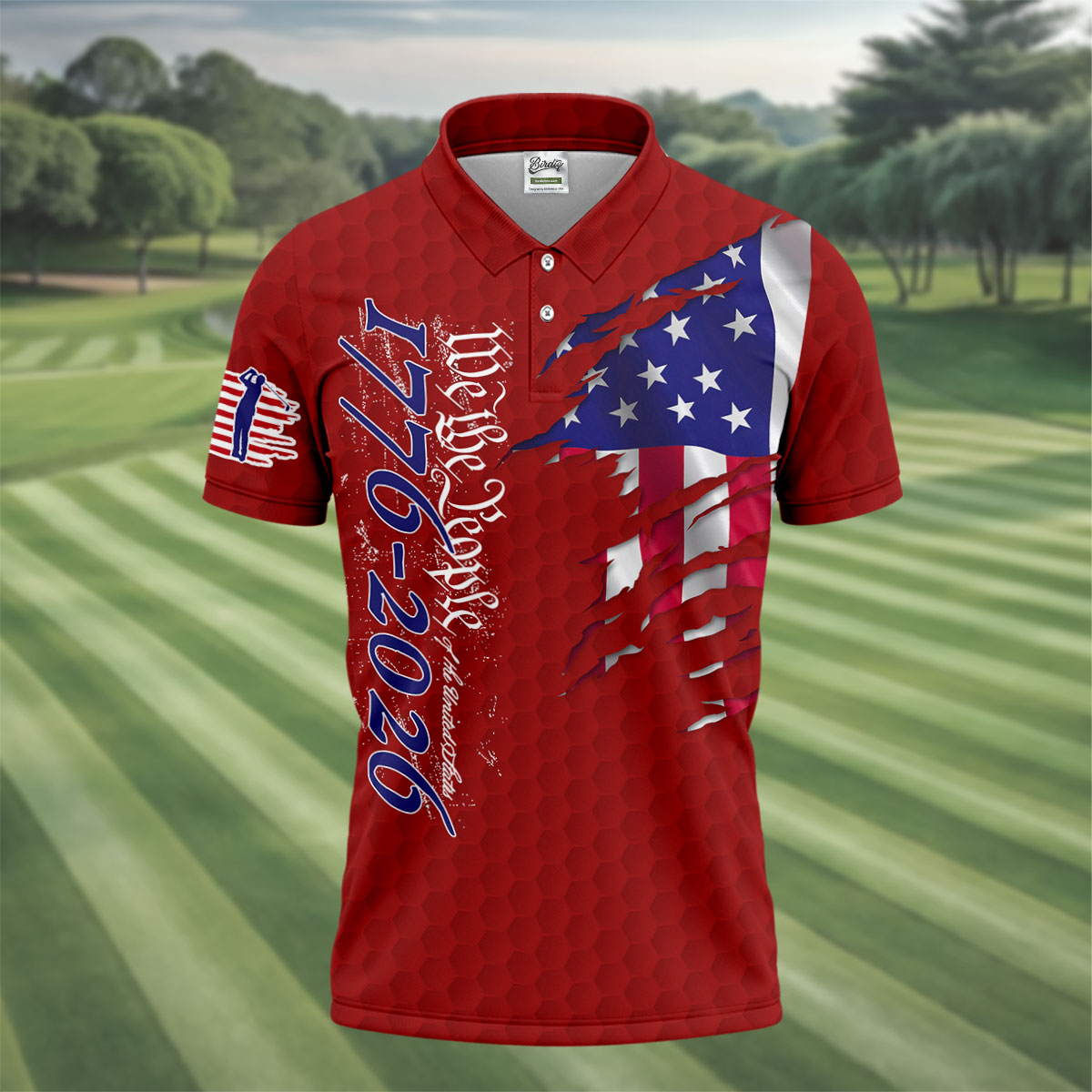 We The People Distressed American Flag Red Golf Shirt, 4th Of July Golf Shirts For Men
