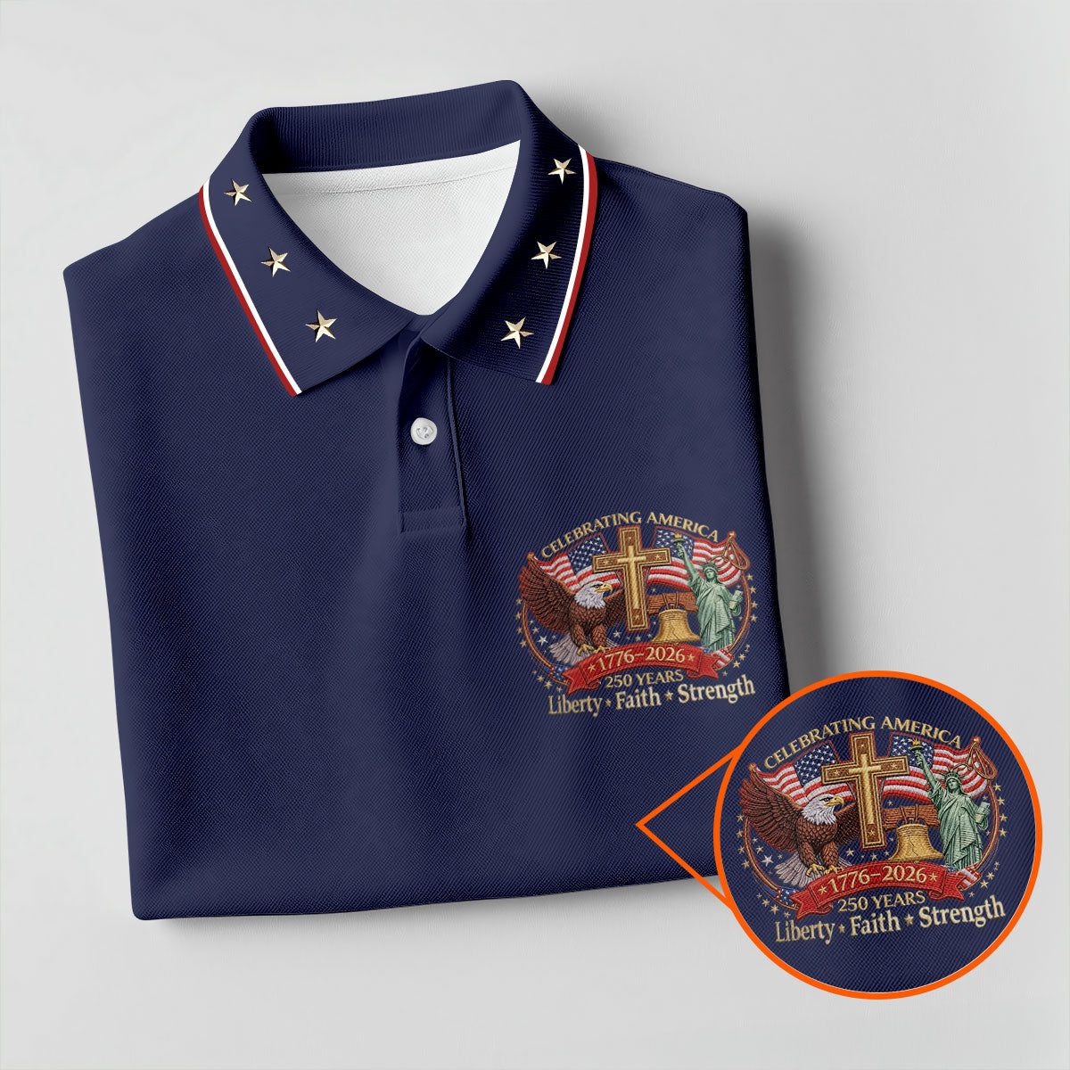 Liberty Faith Strength Faith Cross USA 250 Navy Golf Shirt, 4th Of July Golf Shirts For Men