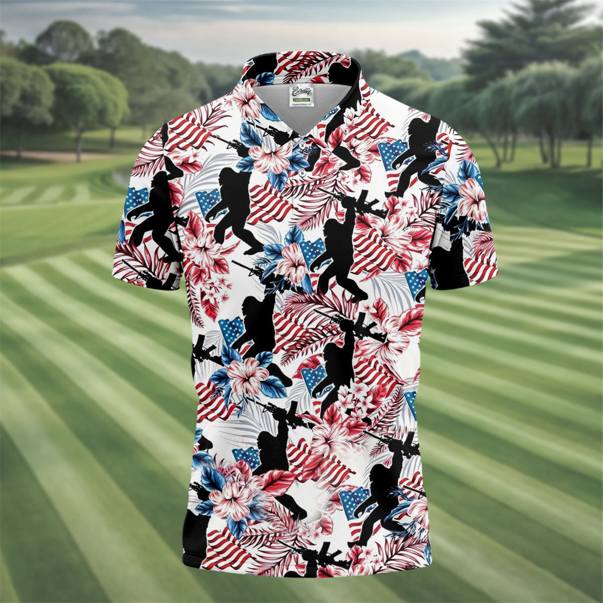 Hawaiian Bigfoot Patriotic 4th Of July American Flag Golf Shirt, 250th Anniversary Golf Shirts For Men