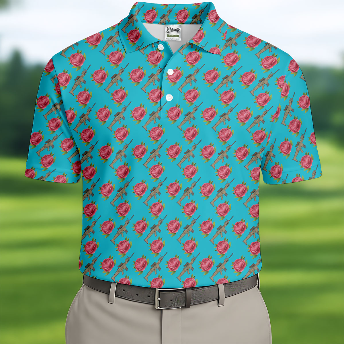 Gun And Rose Seamless Pattern Blue Golf Shirt, Golf Tops For Men, Golf Shirts For Men