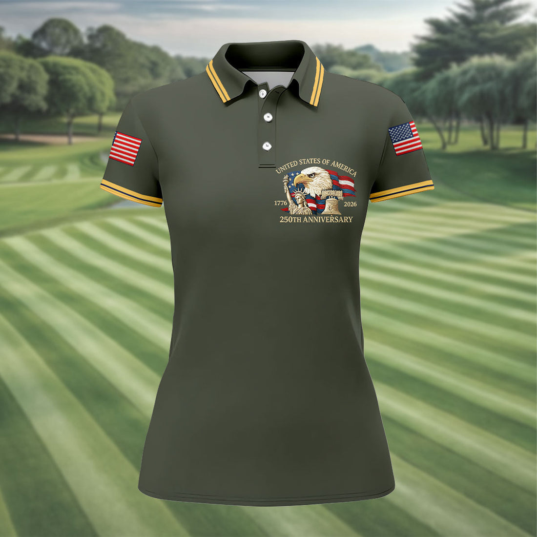 Bald Eagle American Flag 250 Years Green Golf Shirt, Patriotic 4th Of July Golf Shirt For Women
