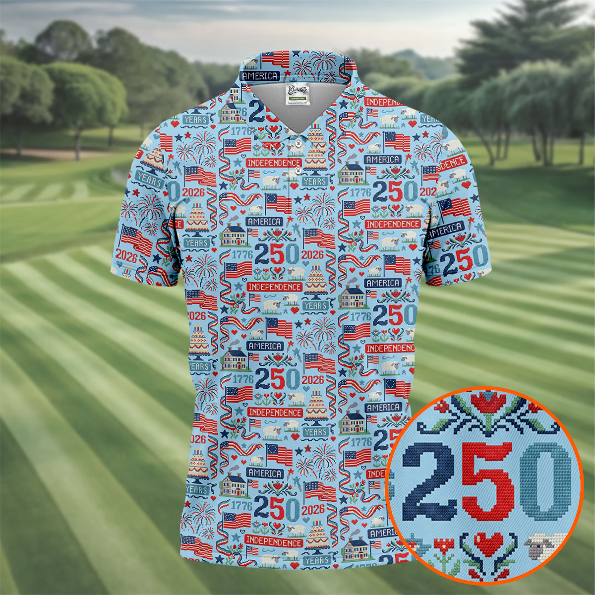 America Independence 250 Years Blue Golf Shirt, Patriotic 4th Of July Golf Shirts For Men