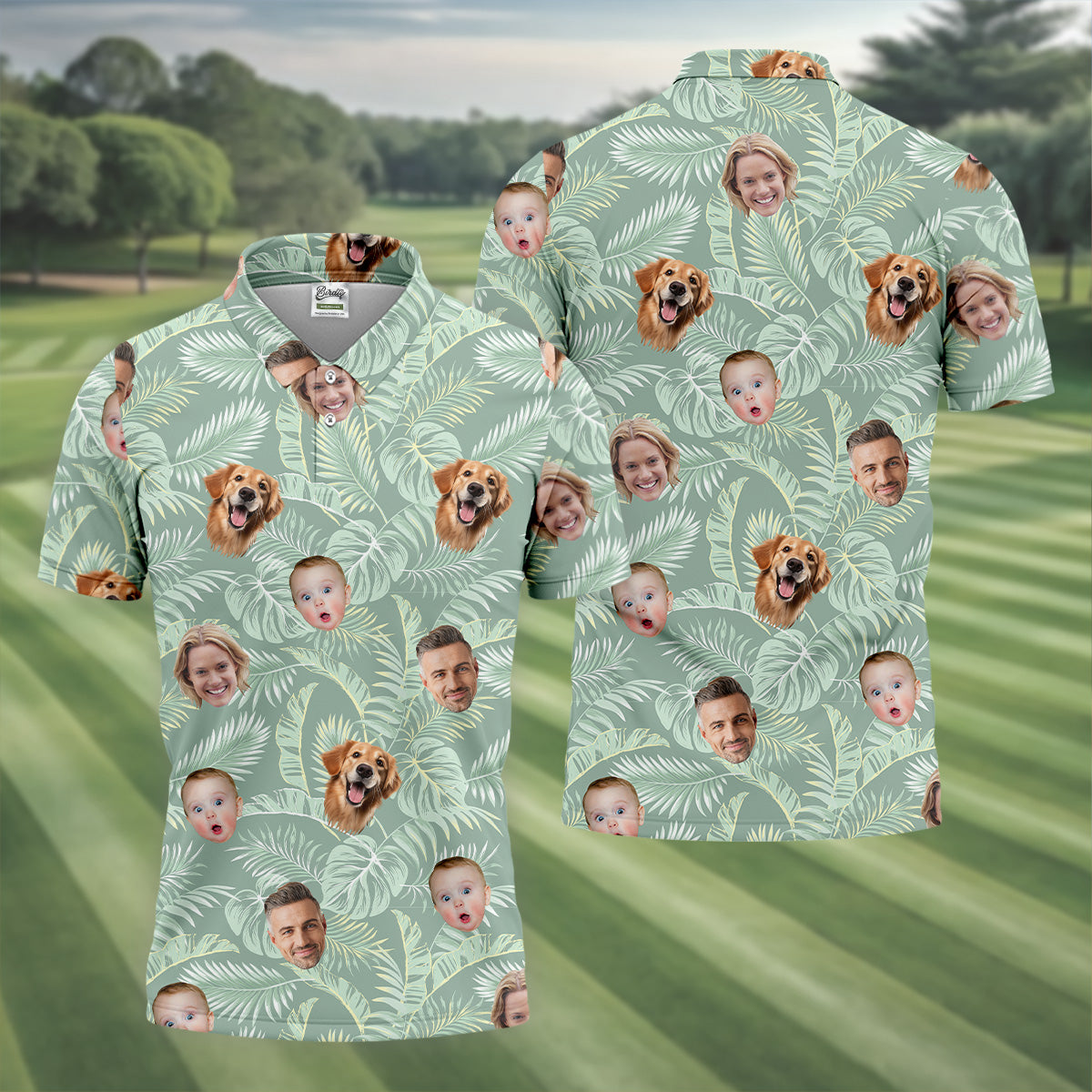 Tropical Leaf Pattern Mens Hawaiian Golf Shirts, Custom Team Shirt, Green Polo ShirtBest Gifts For Men Golfers