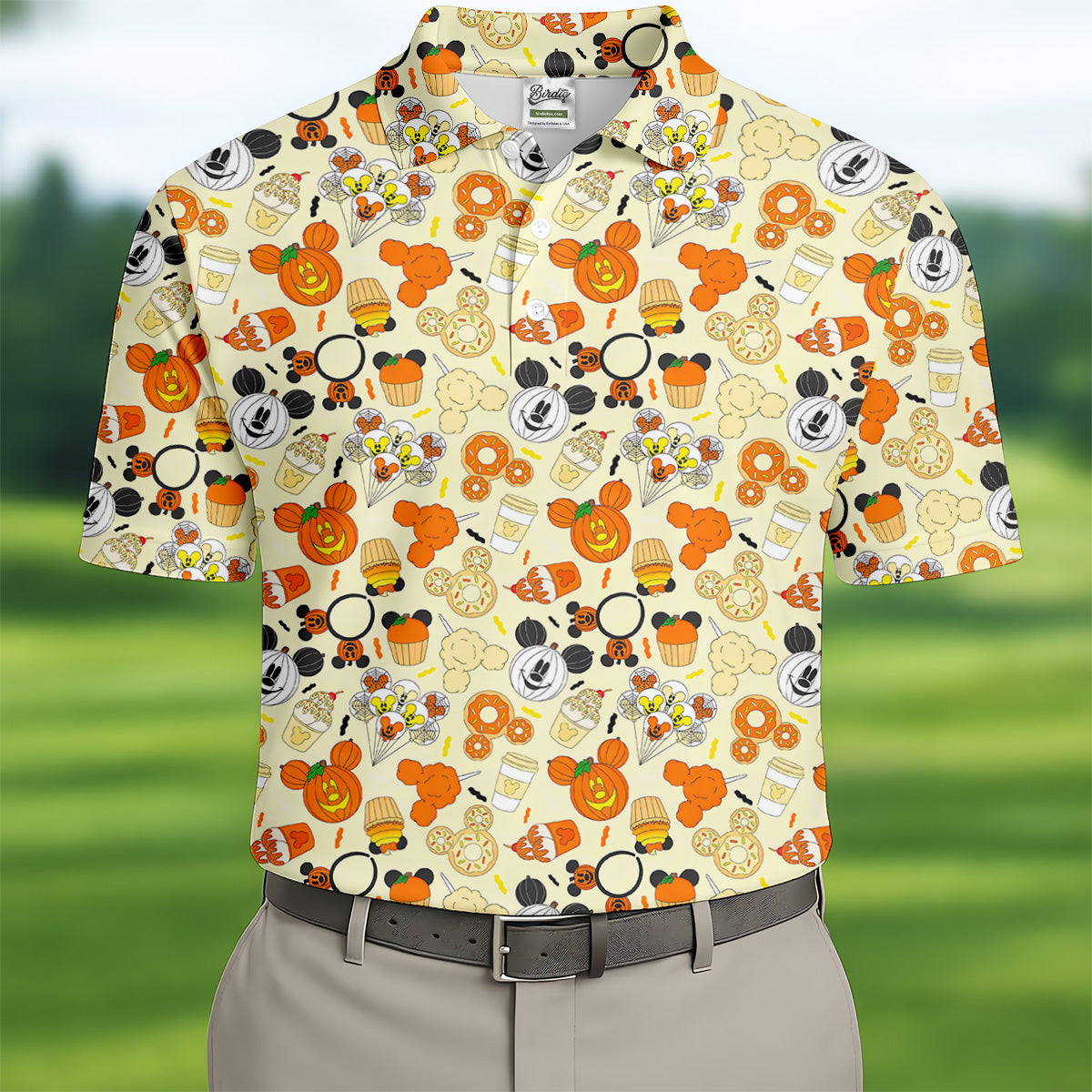 Cute Halloween Mouse Pumpkin Polo ShirtFor Men, Sweet Spooky Golf Tops For Men, Halloween Golf Shirt