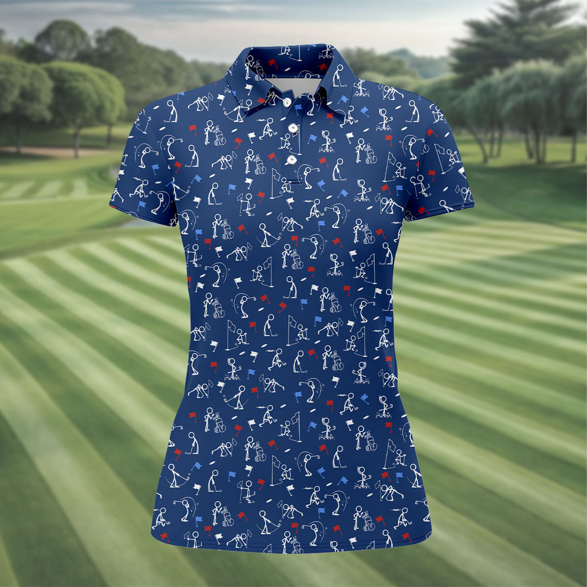 Funny Stick Figure Golf Pose Red White Blue Patriotic Golf Shirt, 250th Anniversary Women's Golf Tops