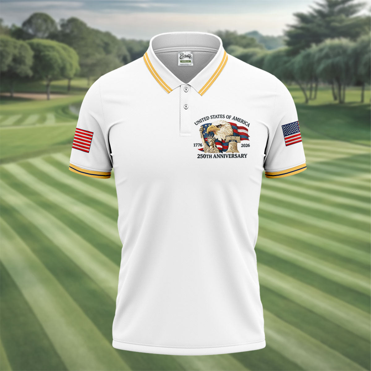 Bald Eagle American Flag 250 Years White Golf Shirt, Patriotic 4th Of July Golf Shirts For Men