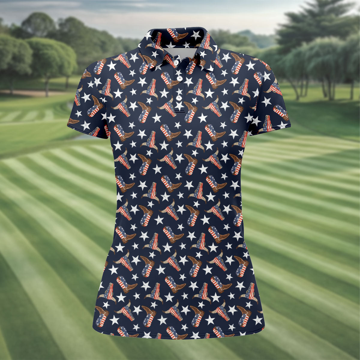 Patriotic Cowboy Boots Stars Pattern 4th Of July Golf Shirt, 250th Anniversary Golf Shirt For Women
