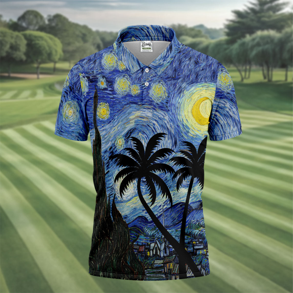 Van Gogh Starry Night Tropical Palm Tree Golf Shirt, Mens Golf Polo, Printed Golf Shirts