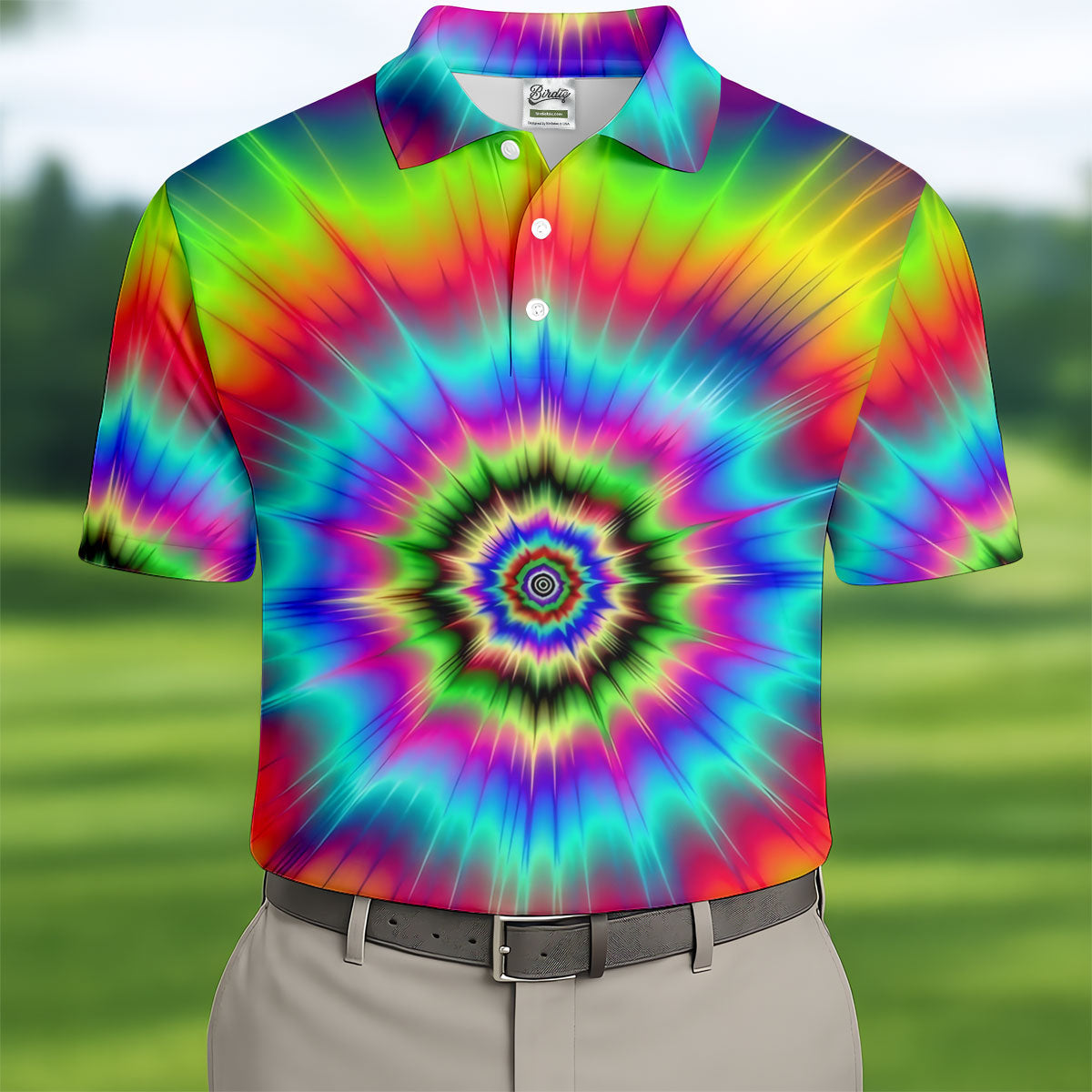 Rainbow Tie Dye Golf Shirt, Psychedelic Spiral Burst Pattern, Golf Shirt For Men