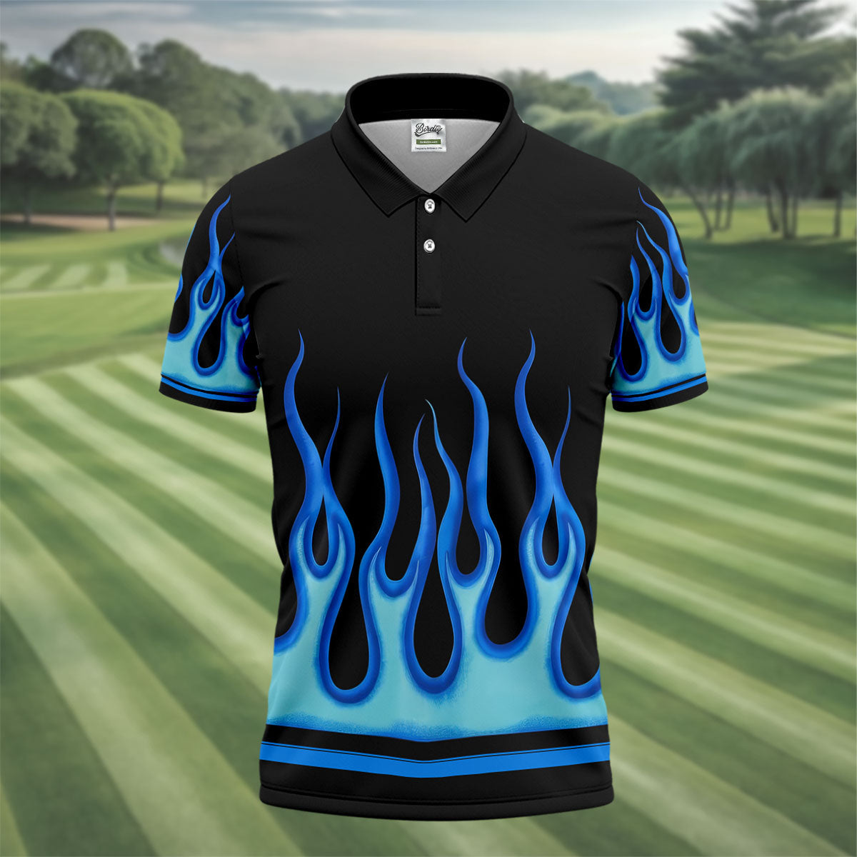 Black Blue Flame Sleeve Golf Shirt, Men's Golf Shirt, Golf Apparel For Men