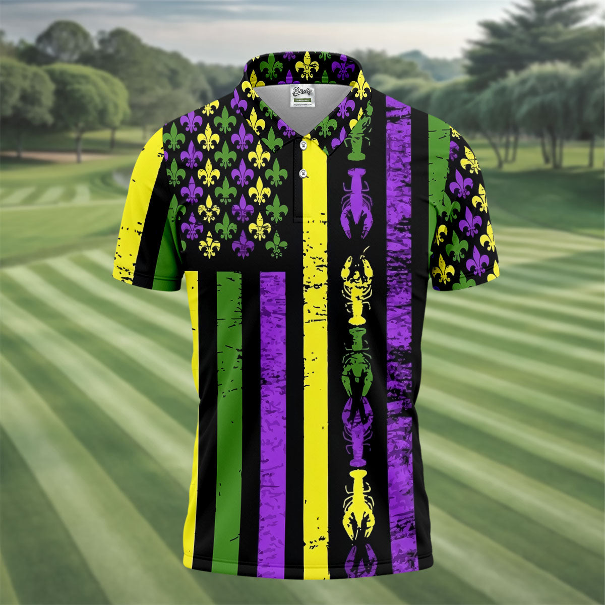 Mardi Gras Flag Fleur-De-Lis Symbol Crawfish Pattern Golf Tops For Men, Polo ShirtFor Men, Golf Shirts For Men